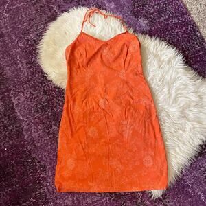 y2k vintage 2000s orange cotton halter dress | size 14